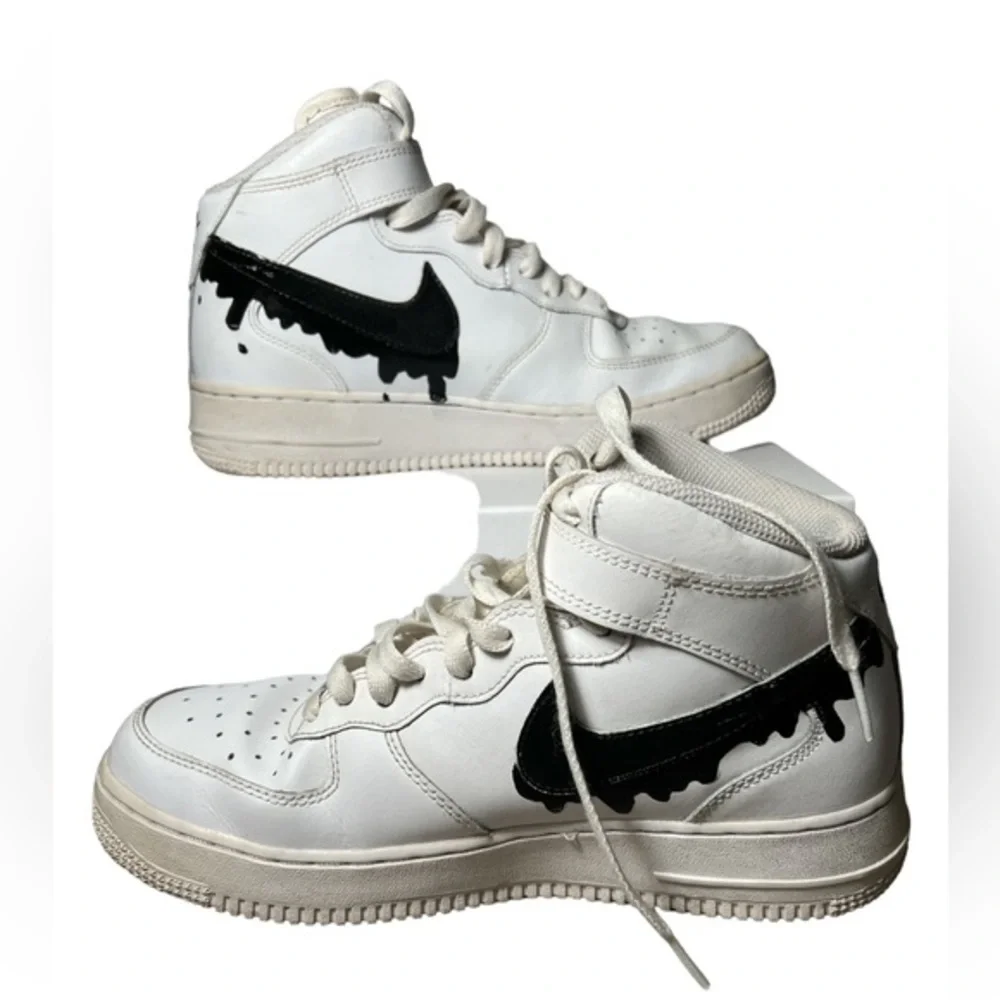 Nike Air Force 1 drip shoes sneakers Size 7Y white & customized black Nike‎ logo
